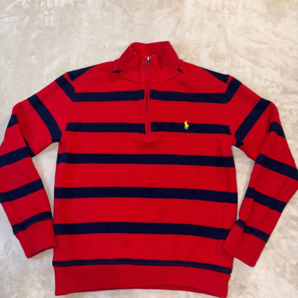 Polo Ralph Lauren Boys Red Navy Blue Striped Quarter Zip Cotton Sweater M 10-12